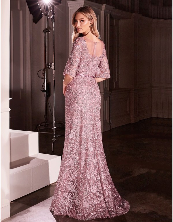 Long party dress for guest made in lace with French sleeves 2