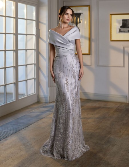 Long ball gown with satin bodice and guipure skirt