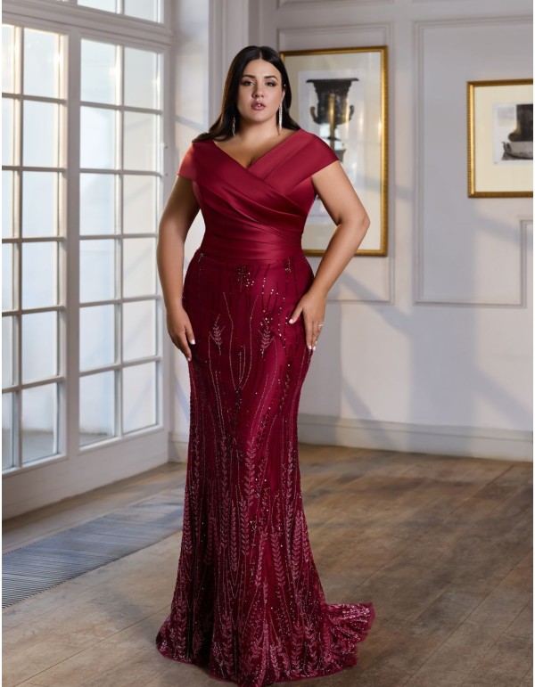 Long ball gown with satin bodice and guipure skirt