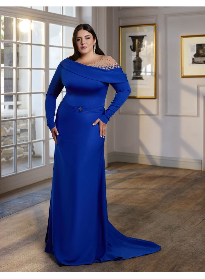 Long party dress with asymmetrical neckline and...