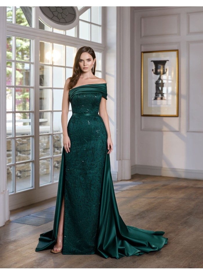 Vestido de fiesta largo con escote asimétrico y cola desmontable verde