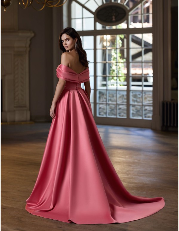 Long guest dress with asymmetrical neckline and train skirt 2