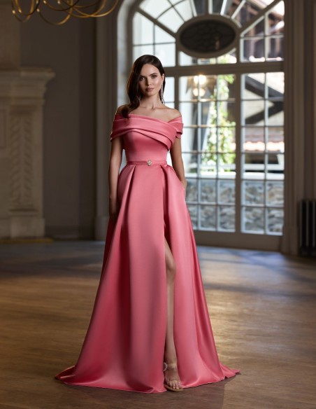 Long guest dress with asymmetrical neckline and train skirt