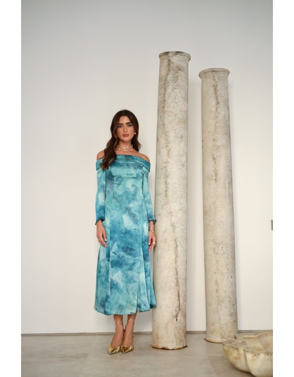 Midi guest dress with godet skirt and bardot neckline
