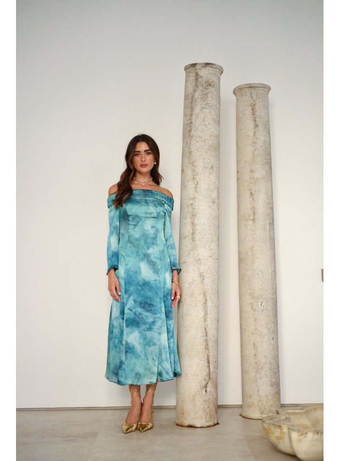 Midi guest dress with godet skirt and bardot neckline