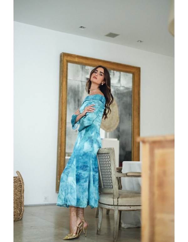 Midi guest dress with godet skirt and bardot neckline 2