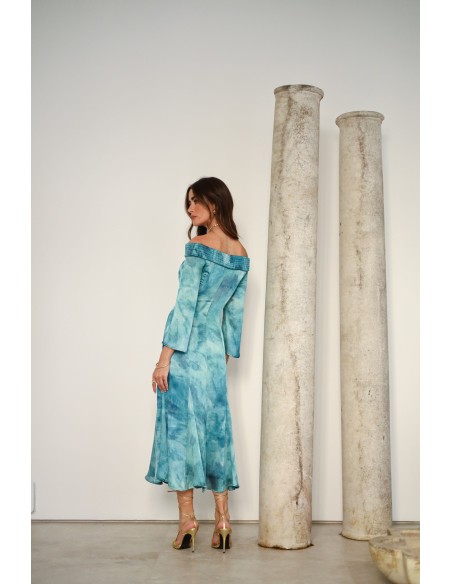 Midi guest dress with godet skirt and bardot neckline