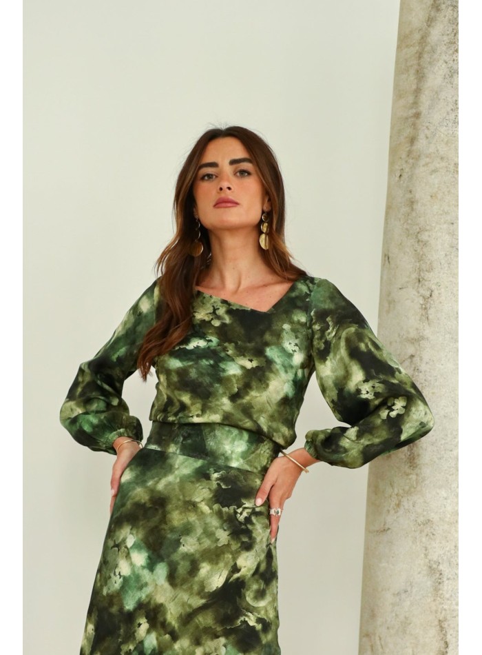 Printed guest blouse with asymmetrical neckline