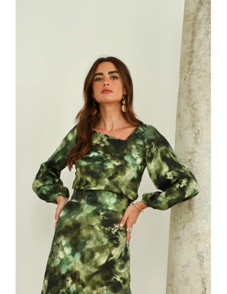 Printed guest blouse with asymmetrical neckline