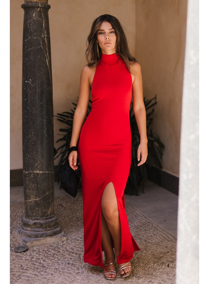 Long guest dress with halter neckline and slit