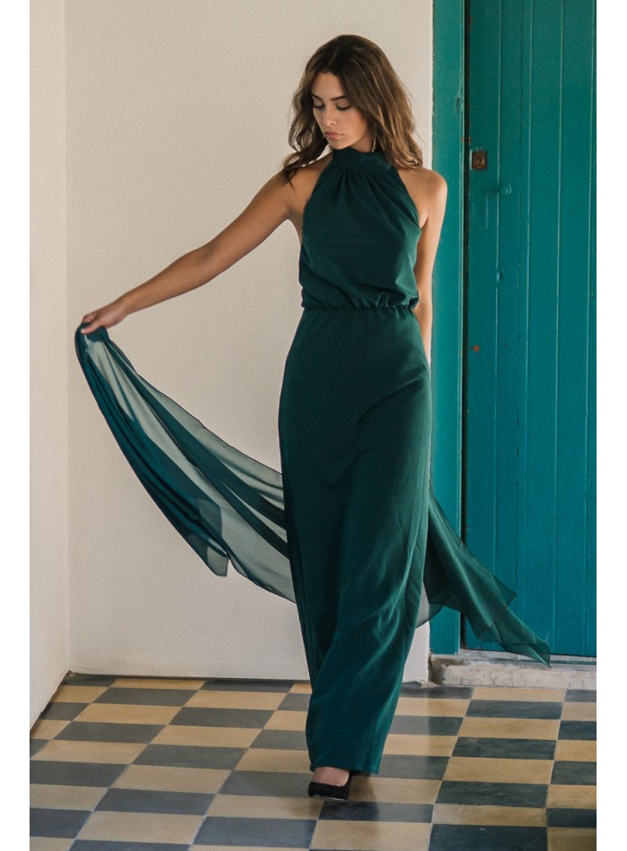 Long party dress with halter neckline and open back