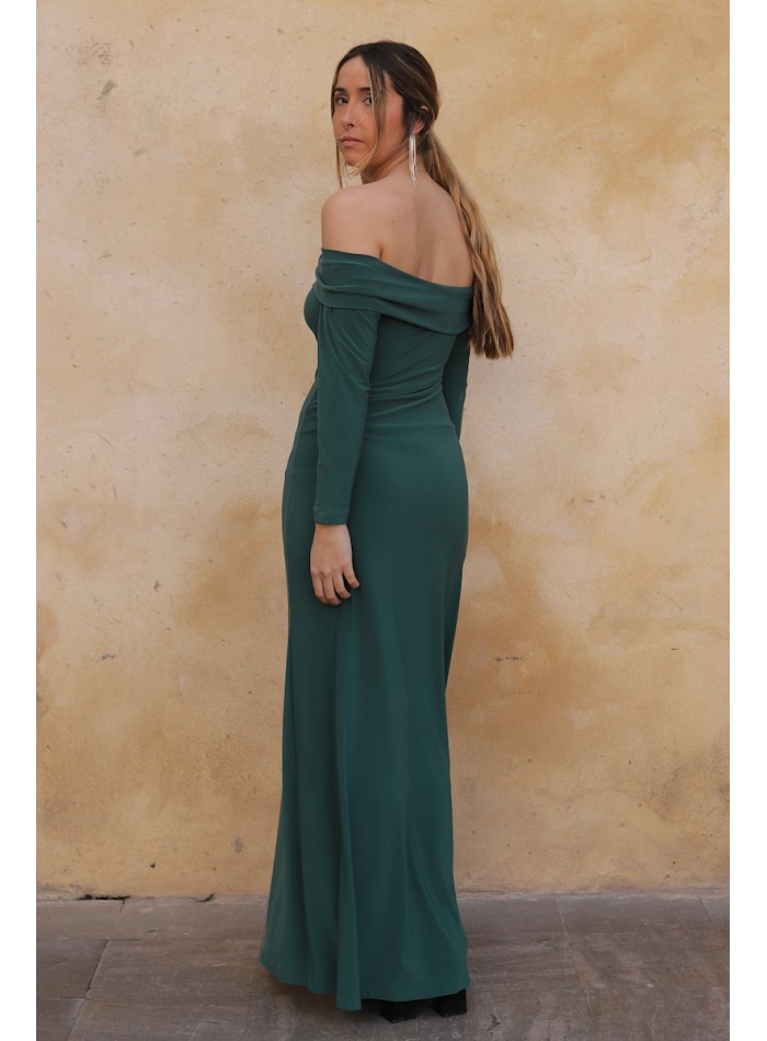 Long green bardot neckline guest dress