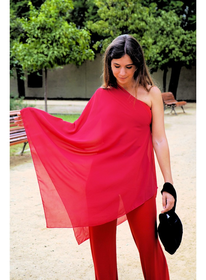 Asymmetrical red guest jumpsuit