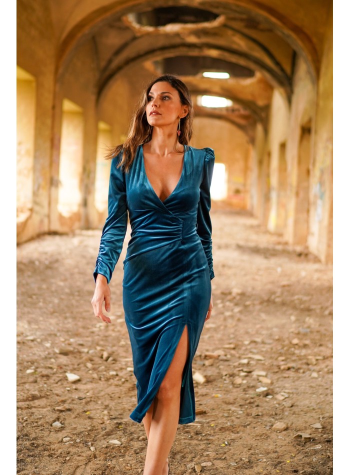 Robe midi en velours bleu canard