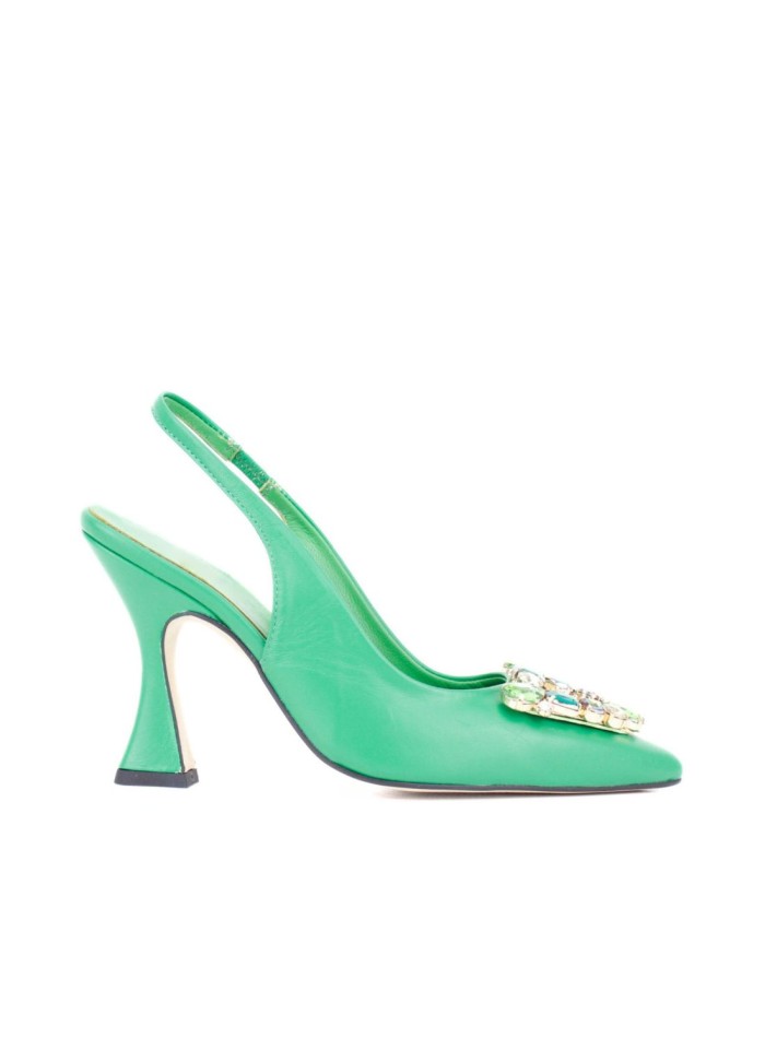 High heeled shoe with rhinestone detail on the toe