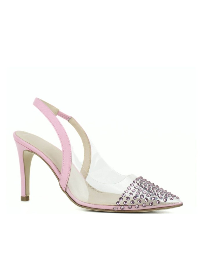 Transparent heeled shoe with rhinestone details