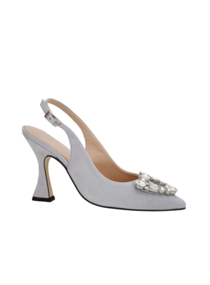 Heeled heeled shoe in gray suede with rhinestone details