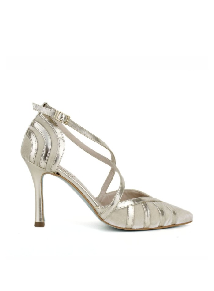 Metallic finish high heel shoes with crossed straps