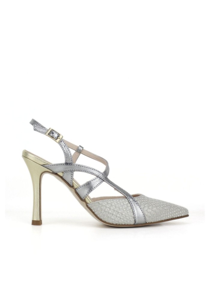 Grey suede high heel shoes with silver crossed straps