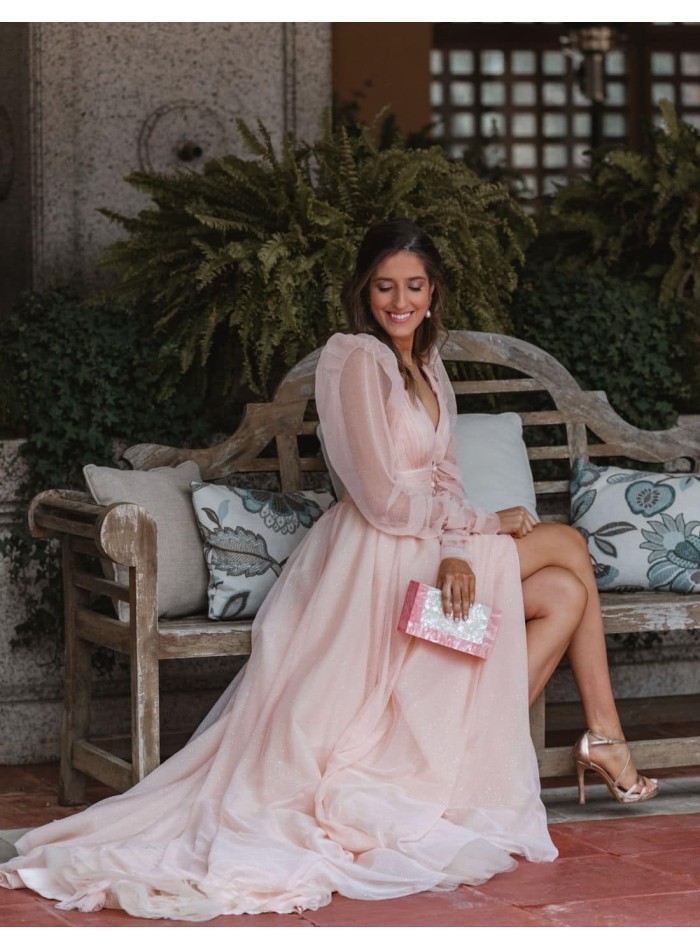 Vestido largo de fiesta con cuerpo plisado y escote en V brillante - INVITADA PERFECTA EMABRIDE - 1 
