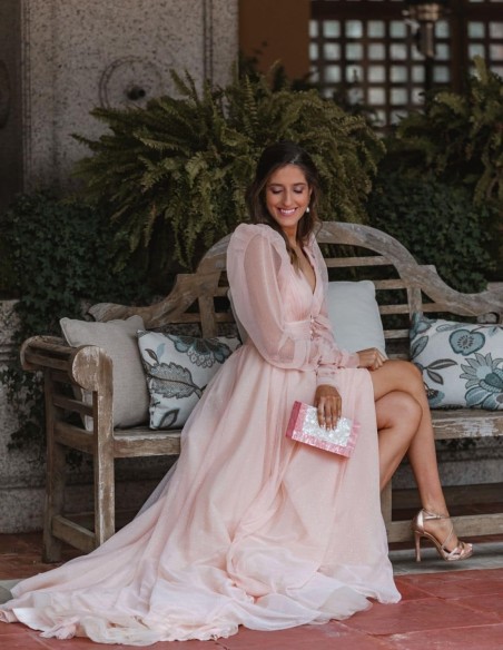 Vestido largo de fiesta con cuerpo plisado y escote en V brillante - INVITADA PERFECTA EMABRIDE - 1 