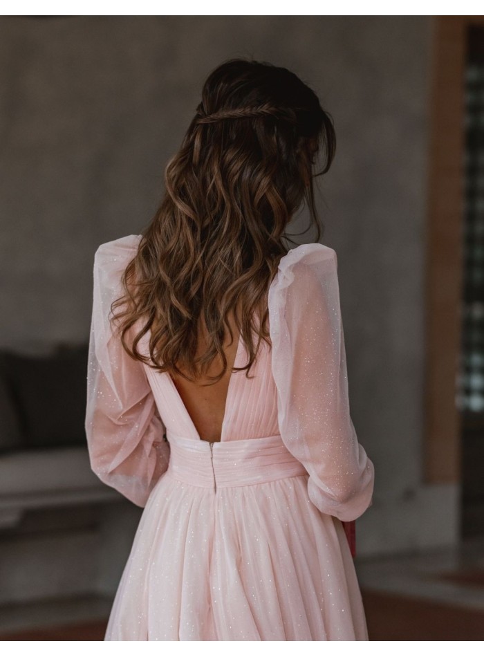 Vestido largo de fiesta con cuerpo plisado y escote en V brillante - INVITADA PERFECTA EMABRIDE - 4 