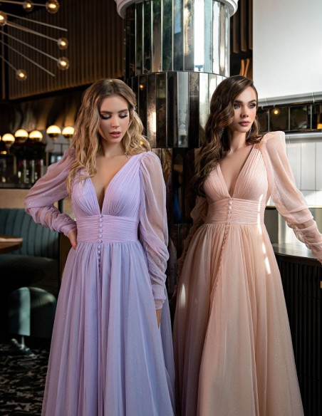 Vestido de fiesta largo con escote plisado y manga abullonada - Invitada Perfecta