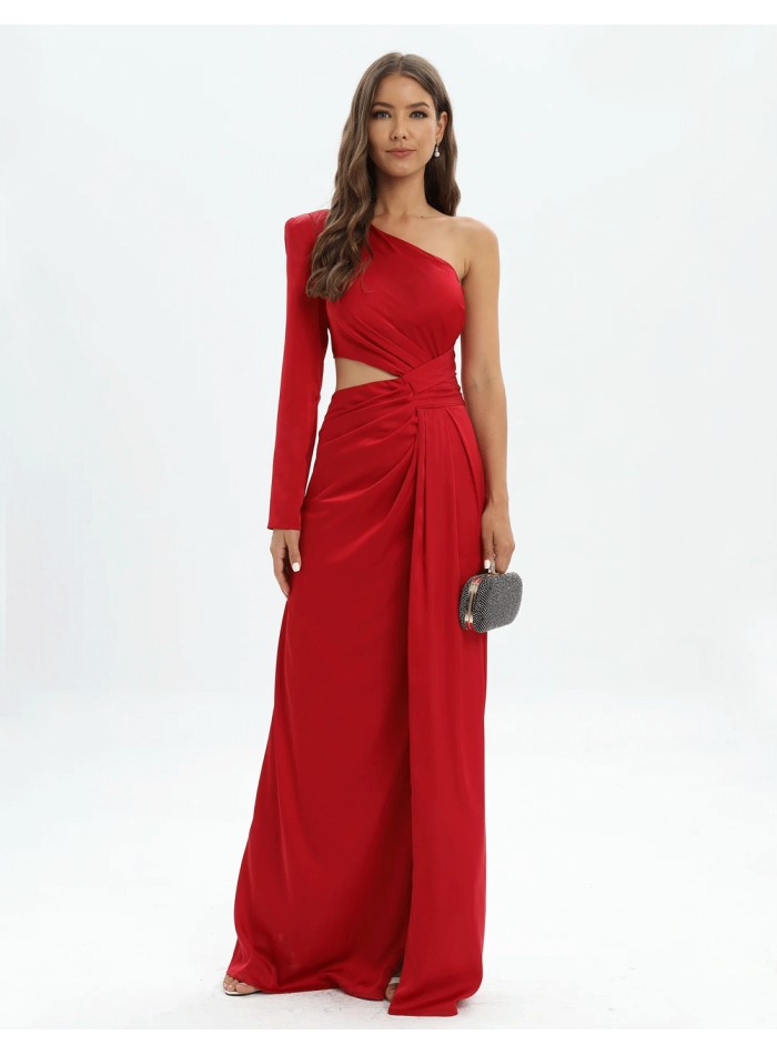 Asymmetrical Long Party Dress with Shoulder and Side Opening