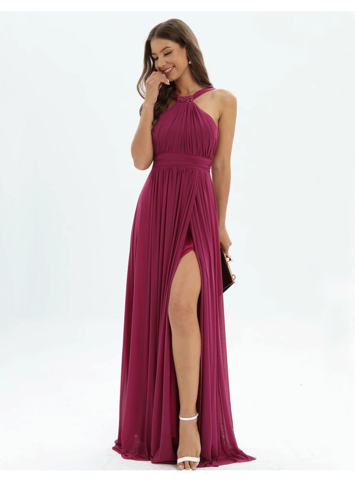 Evening Dress with Halter Neckline and Rhinestone Detailing