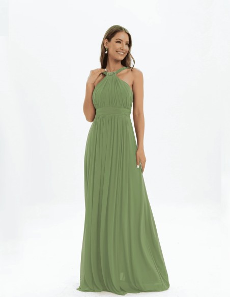 Robe de soirée longue avec encolure licou et détails en strass