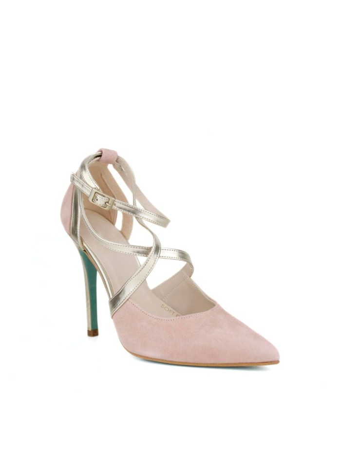 Pink suede high heel shoes with crossed straps