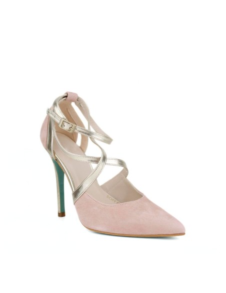 Zapato de tacón fino en ante rosa con tiras cruzadas