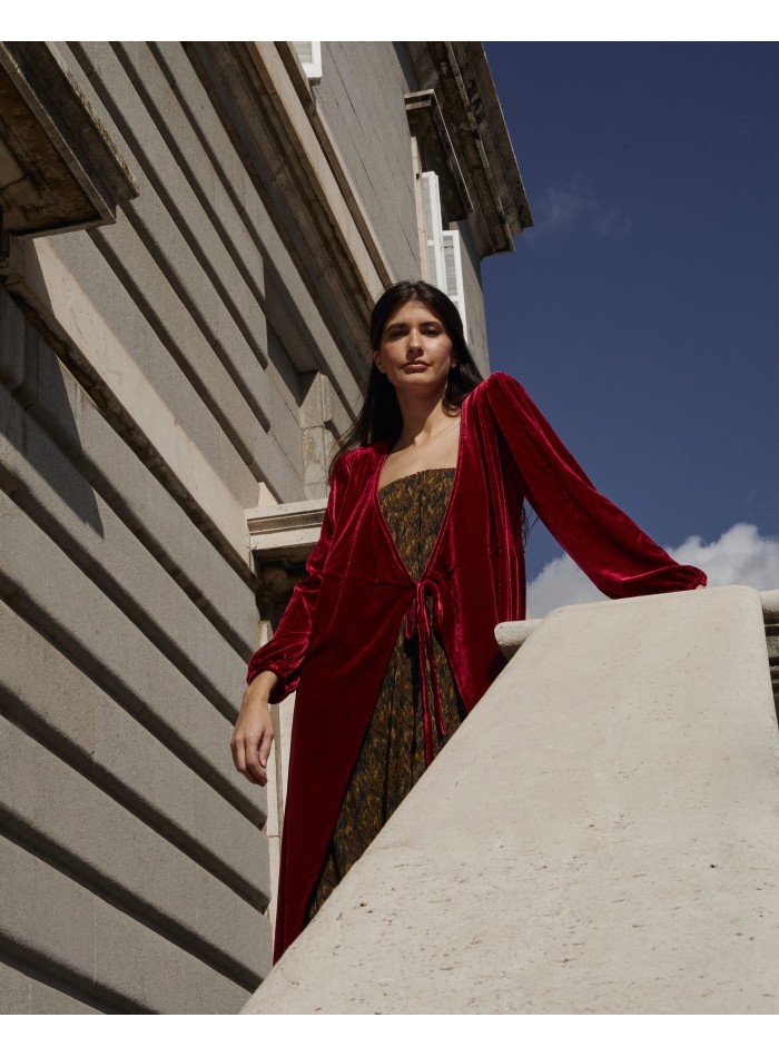 Maroon velvet midi coat with crossover neckline