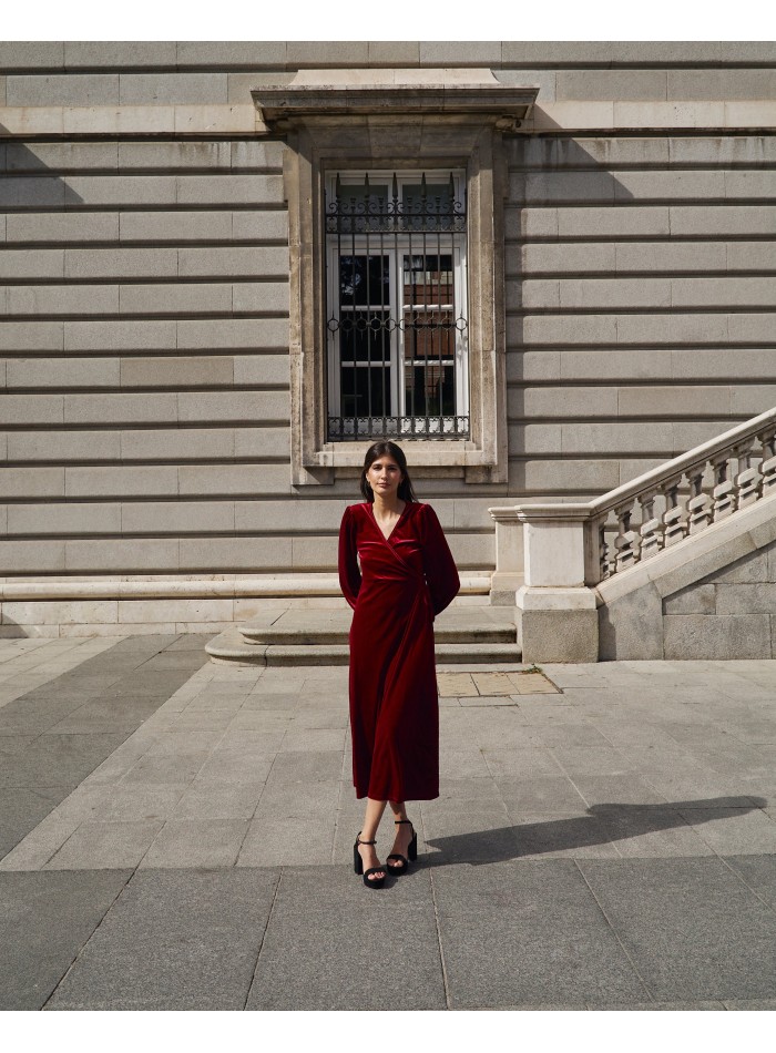 Red velvet midi coat with crossover neckline