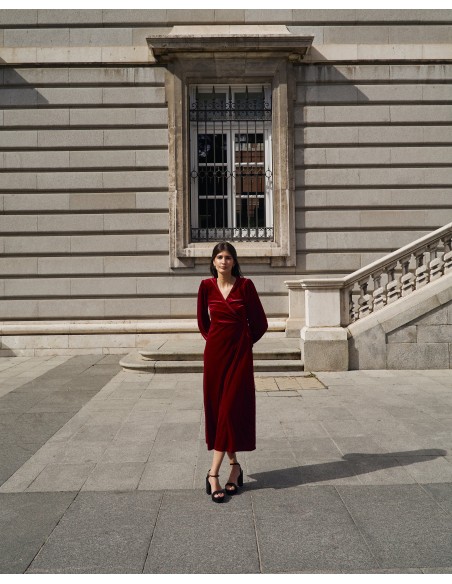 Red velvet midi coat with crossover neckline