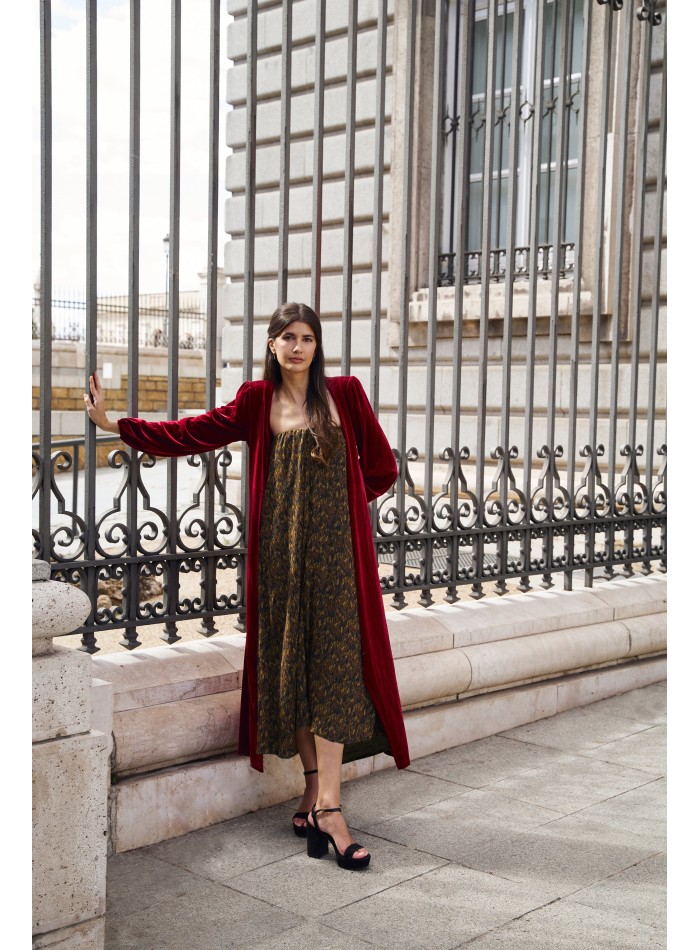 Red velvet midi coat with crossover neckline