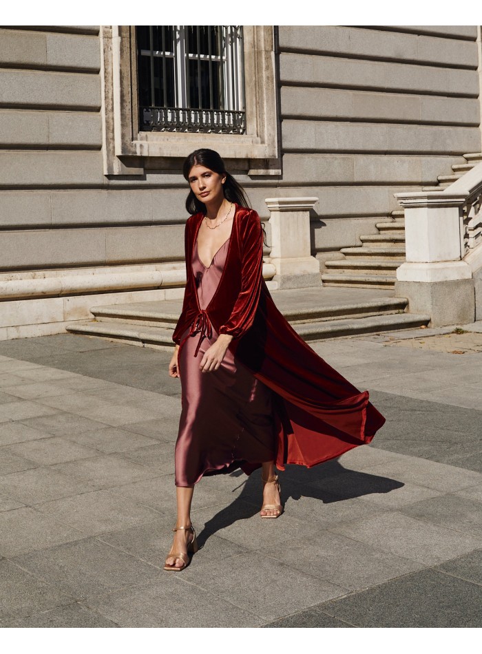 Brown velvet midi coat with crossover neckline