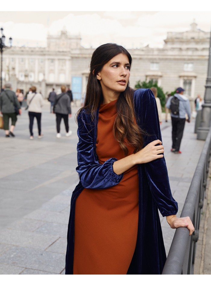 Blue velvet midi coat with crossover neckline