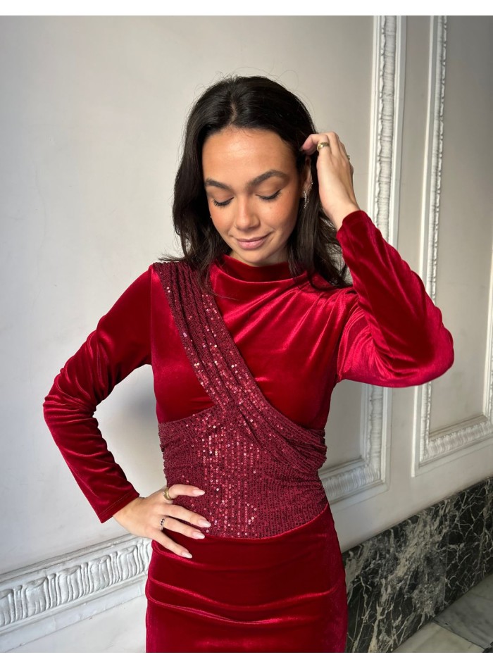 Midi party dress in velvet and sequins