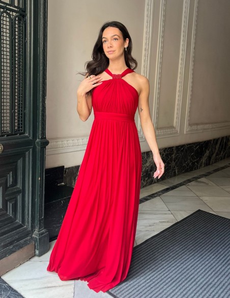 Evening Dress with Halter Neckline and Rhinestone Detailing