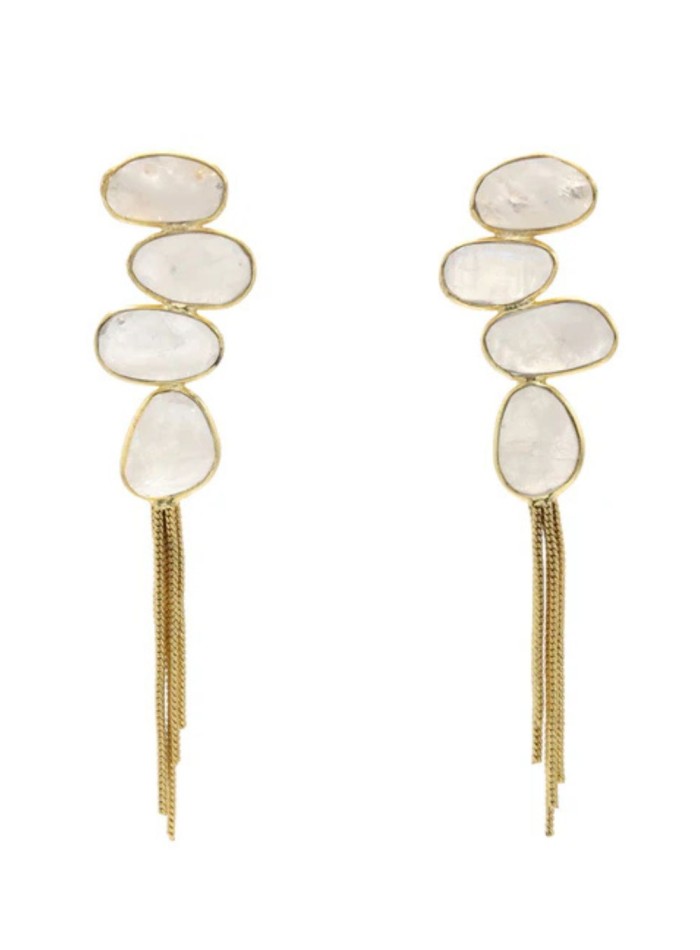 Long gold earrings with moonstone