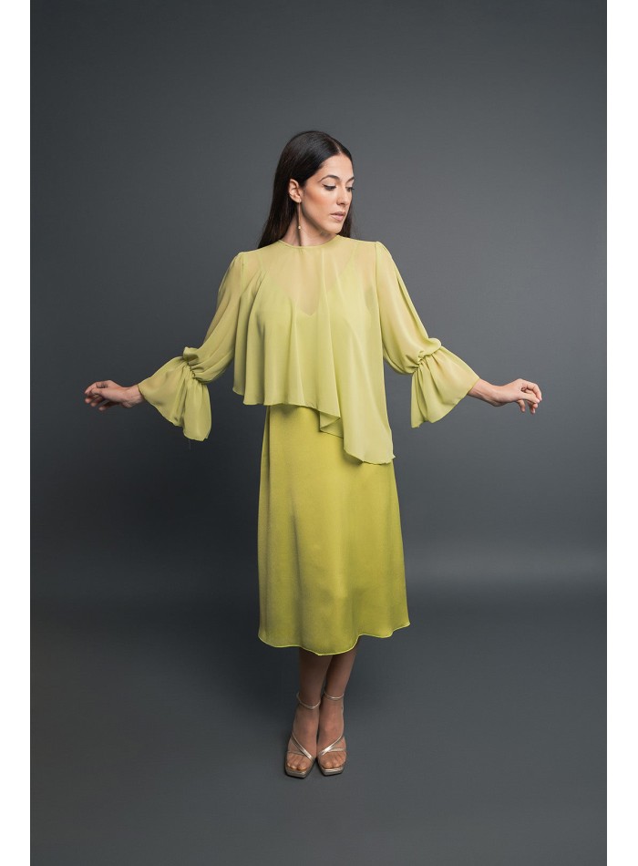 Robe de soirée midi vert citron avec jupe fluide