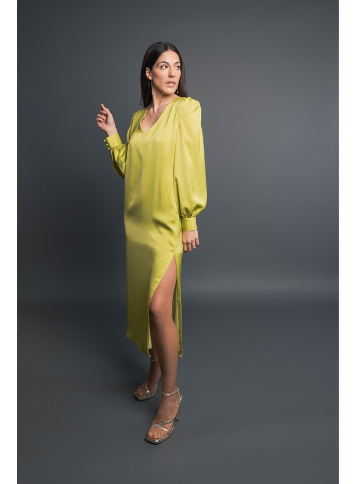 Robe de soirée midi vert citron avec manches longues