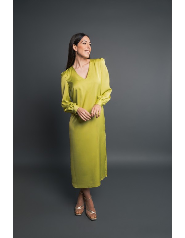 Lime green midi party dress with long sleeves 2