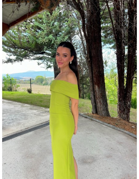 Long party dress with bardot neckline and back opening