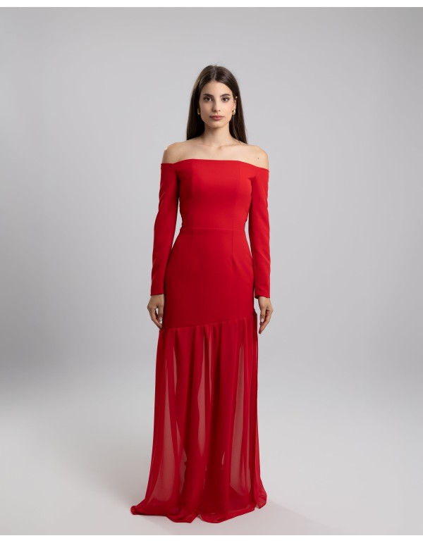 Longue robe de soirée rouge avec encolure bardot et...