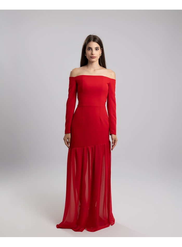 Long red party dress with bardot neckline and ruffle on the skirt