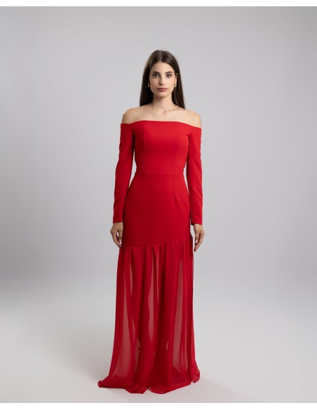 Long red party dress with bardot neckline and ruffle on the skirt
