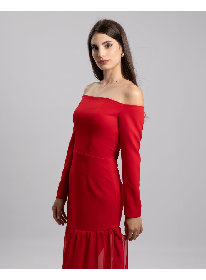 Long red party dress with bardot neckline and...