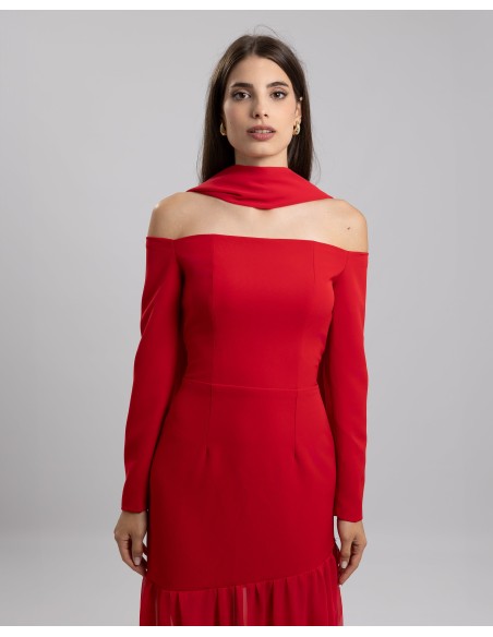 Long red party dress with bardot neckline and ruffle on the skirt